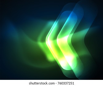 Futuristic neon glowing arrows techno background, abstract 3d technology lines. Transparent direction shapes on color backdrop. Geometric minimal abstract background with light effects