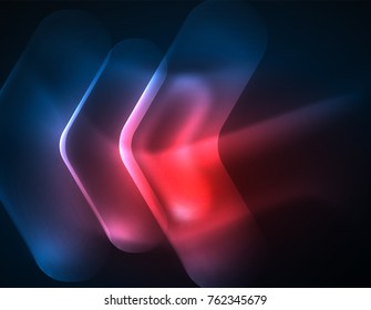 Futuristic neon glowing arrows techno background, abstract 3d technology lines. Transparent direction shapes on color backdrop. Geometric minimal abstract background with light effects