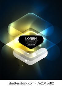 Futuristische Neon leuchtende Pfeile Techno-Hintergrund, abstrakte 3D-Technologielinien. Transparente Richtungsformen auf Farbhintergrund. Geometrischer, minimaler abstrakter Hintergrund mit Lichteffekten