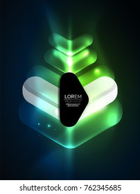Futuristische Neon leuchtende Pfeile Techno-Hintergrund, abstrakte 3D-Technologielinien. Transparente Richtungsformen auf Farbhintergrund. Geometrischer, minimaler abstrakter Hintergrund mit Lichteffekten