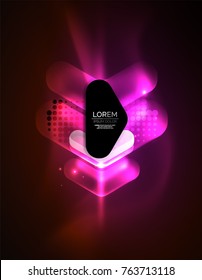 Futuristic neon glowing arrows techno background, abstract 3d technology lines. Transparent direction shapes on color backdrop. Geometric minimal abstract background with light effects