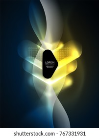 Futuristic neon glowing arrows techno background, abstract 3d technology lines. Transparent direction shapes on color backdrop. Geometric minimal abstract background with light effects