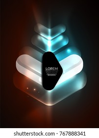 Futuristic neon glowing arrows techno background, abstract 3d technology lines. Transparent direction shapes on color backdrop. Geometric minimal abstract background with light effects