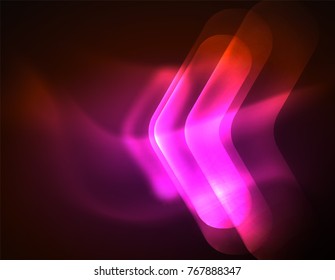 Futuristic neon glowing arrows techno background, abstract 3d technology lines. Transparent direction shapes on color backdrop. Geometric minimal abstract background with light effects