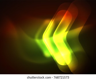 Futuristic neon glowing arrows techno background, abstract 3d technology lines. Transparent direction shapes on color backdrop. Geometric minimal abstract background with light effects