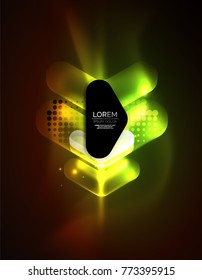Futuristic neon glowing arrows techno background, abstract 3d technology lines. Transparent direction shapes on color backdrop. Geometric minimal abstract background with light effects