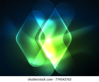 Futuristische Neon leuchtende Pfeile Techno-Hintergrund, abstrakte 3D-Technologielinien. Transparente Richtungsformen auf Farbhintergrund. Geometrischer, minimaler abstrakter Hintergrund mit Lichteffekten