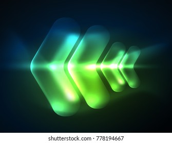 Futuristic neon glowing arrows techno background, abstract 3d technology lines. Transparent direction shapes on color backdrop. Geometric minimal abstract background with light effects
