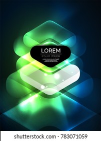 Futuristic neon glowing arrows techno background, abstract 3d technology lines. Transparent direction shapes on color backdrop. Geometric minimal abstract background with light effects