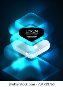 Tecno de setas brilhantes neon futurista fundo, linhas de tecnologia 3d abstratas. Formas de direção transparentes no plano de fundo colorido. Fundo geométrico abstrato mínimo com efeitos de luz