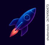 Futuristic neon glowing rocket icon, digital vector illustration of spaceship launch symbol for space exploration, astronautics, startup innovation and cosmic travel