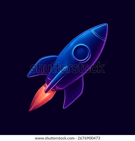 Futuristic neon glowing rocket icon, digital vector illustration of spaceship launch symbol for space exploration, astronautics, startup innovation and cosmic travel
