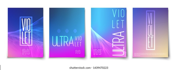 Futuristic neon glowing vibrant lines abstract background cover template set. Minimal halftone trendy future colors gradient mockup