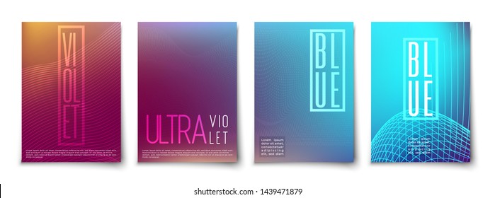 Futuristic neon glowing vibrant lines abstract background cover template set. Minimal halftone trendy future colors gradient mockup