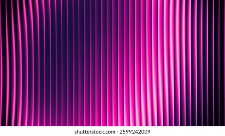 Futuristic neon gradient pattern with vertical fluted glowing lines blending smooth deep purple colors. Minimalistic futuristic abstract background perfect for creative digital tech designs. Vector