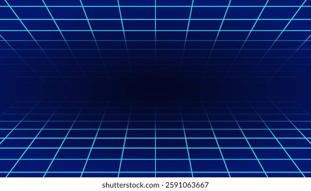 Futuristic neon grid background with a dark center. Retro 80s cyber aesthetic, perfect for technology, gaming, and digital themes
