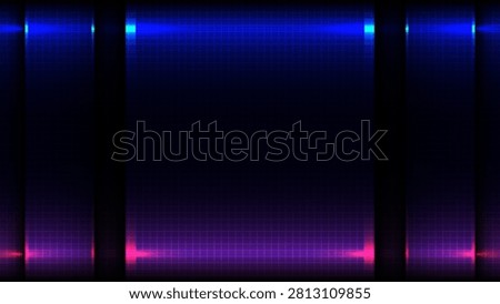 Futuristic neon grid background with glowing blue and magenta light bars on dark cyber tech digital interface template for gaming and high tech banner design
