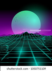 Futuristic neon grid lines and mountain landscape with a neon sun in purple and green. Glitch background vector illustration.