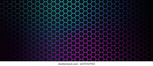 Textura geométrica digital del patrón del nido de abeja del gradiente de fondo de la rejilla del hexágono de neón futurista para la IA, exposición digital, foro de la Ciencia, presentación médica, conferencia de la Tecnología. Fondo de Vector