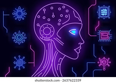 Futuristic neon illustration of a female AI robot head surrounded by glowing microchips and circuits. Concept of artificial intelligence, machine learning, and modern technology.