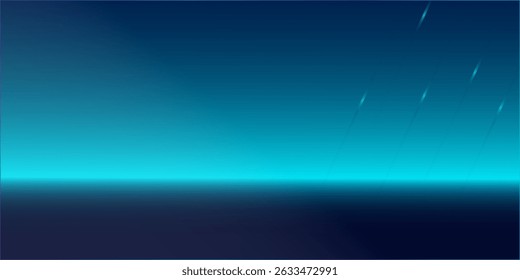 Plano de fundo de paisagem de neon futurista com horizonte de gradiente azul brilhante, traços de luz caindo e céu noturno escuro. Perfeito para ficção científica, cyberpunk ou temas digitais.