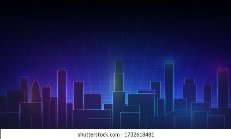 Futuristic neon landscape with city, illustration in the style of an old computer game