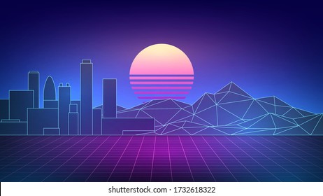 Futuristic neon landscape with mountains, city and sun, illustration in the style of an old computer game