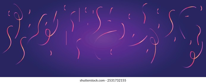 Futuristic neon light Confetti, serpentine. Blue and pink metallic gradient. Purple glowing Festive background, design for cards, invitations. Design element. Vector illustration