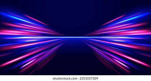 Futuristic neon light effect. High speed of light concept background. Abstract colorful light trails with motion blur effect, speed background. Radial motion blur background. Vector illustration.