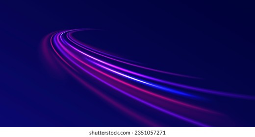 Futuristic neon light effect. High speed of light concept background. Abstract colorful light trails with motion blur effect, speed background. Radial motion blur background. Vector illustration.