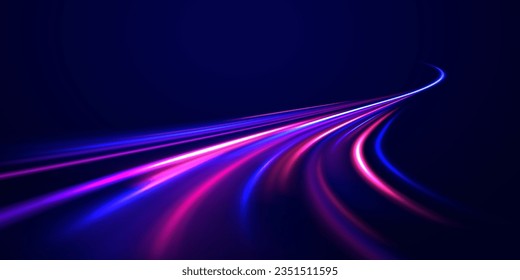 Futuristische Neonbeleuchtung. Hohe Geschwindigkeit des hellen Konzepts Hintergrund. Abstrakte, bunte Lichtwege mit unscharfem Bewegungseffekt, Geschwindigkeitshintergrund. Radiale Bewegung, unscharfer Hintergrund. Vektorgrafik.