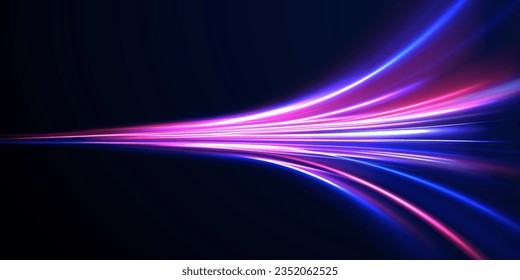 Futuristic neon light effect. High speed of light concept background. Abstract colorful light trails with motion blur effect, speed background. Radial motion blur background. Vector illustration.