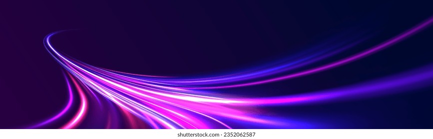 Futuristic neon light effect. High speed of light concept background. Abstract colorful light trails with motion blur effect, speed background. Radial motion blur background. Vector illustration.