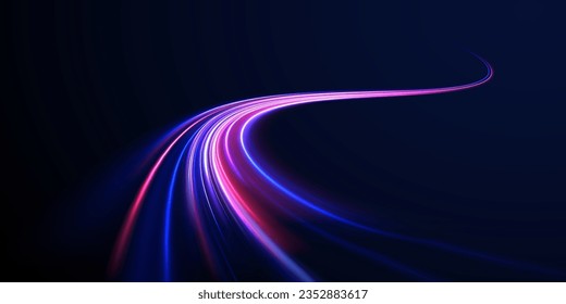 Futuristic neon light effect. High speed of light concept background. Abstract colorful light trails with motion blur effect, speed background. Radial motion blur background. Vector illustration.