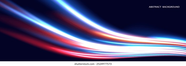 Futuristic neon light effect. Light speed concept background.Abstract bent dynamic moving stripes.