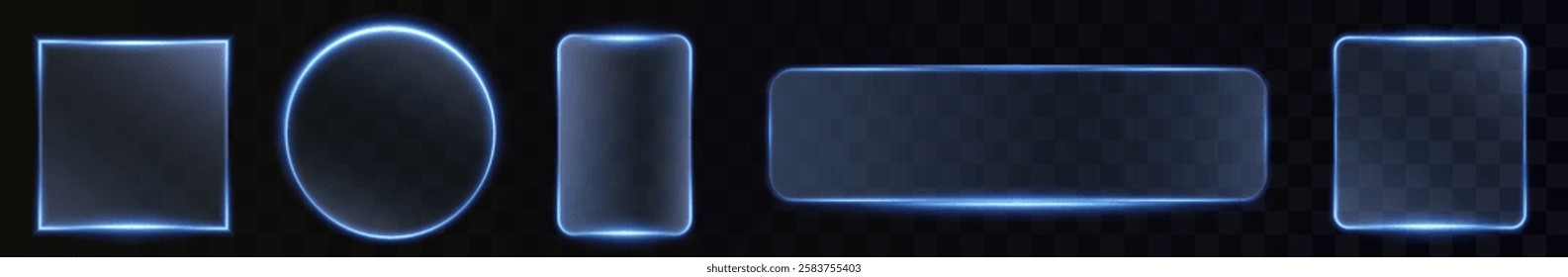  futuristic neon light frame with a glowing blue rectangular border, perfect for digital tech designs. Featuring a transparent, illuminated effect with LED flares, circular and oval shapes, and a mode