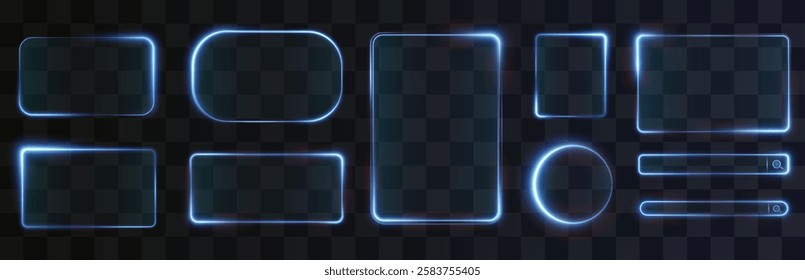  futuristic neon light frame with a glowing blue rectangular border, perfect for digital tech designs. Featuring a transparent, illuminated effect with LED flares, circular and oval shapes, and a mode