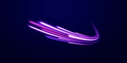 Futuristic Neon Light Line Trails. High Speed Effect Motion Blur Night Lights Blue And Red. Purple Glowing Wave Swirl, Impulse Cable Lines. Radial Motion Blur Background. Long Time Exposure Vector.