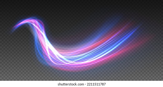 Futuristic neon light line trails. High speed effect motion blur night lights blue and red. bright sparkling background. Purple glowing wave swirl, impulse cable lines. Long time exposure. Vector