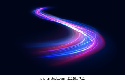 Futuristic neon light line trails. High speed effect motion blur night lights blue and red. bright sparkling background. Purple glowing wave swirl, impulse cable lines. Long time exposure. Vector