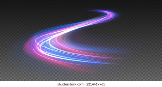 Senderos de la línea de luz de neón futurista. El movimiento de efecto de alta velocidad borrosa noche luces azules y rojas. fondo brillante. Giro violeta de onda brillante, líneas de cable de impulso. Exposición a largo plazo. Vector