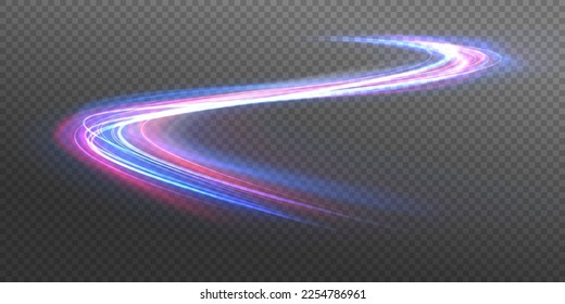 Senderos de la línea de luz de neón futurista. El movimiento de efecto de alta velocidad borrosa noche luces azules y rojas. fondo brillante. Giro violeta de onda brillante, líneas de cable de impulso. Exposición a largo plazo. Vector	