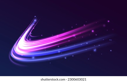 Futuristic neon light line trails. bright sparkling background. Purple glowing wave swirl, impulse cable lines. High speed effect motion blur night lights blue and red.  Long time exposure. Vector