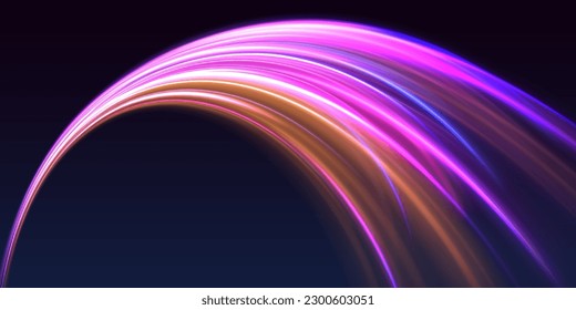 Futuristic neon light line trails. Bright sparkling background. High speed effect motion blur night lights blue and red. Purple glowing wave swirl, impulse cable lines. Long time exposure. Vector