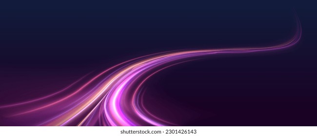 Futuristic neon light line trails. Abstract blue wavy line of light with a transparent background, isolated and easy to edit. Purple glowing wave swirl, impulse cable lines. Long time exposure. Vector