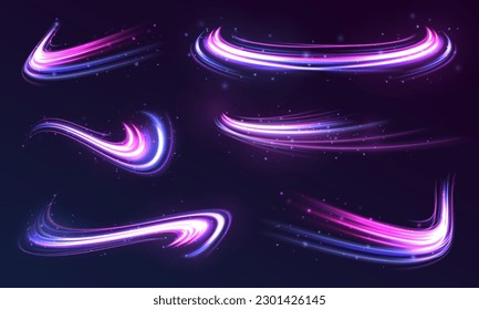 Futuristic neon light line trails. bright sparkling background. Purple glowing wave swirl, impulse cable lines. High speed effect motion blur night lights blue and red.  Long time exposure. Vector