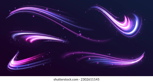 Futuristic neon light line trails. bright sparkling background. Purple glowing wave swirl, impulse cable lines. High speed effect motion blur night lights blue and red.  Long time exposure. Vector