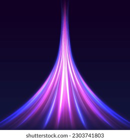 Futuristic neon light line trails. Bright sparkling background. High speed effect motion blur night lights blue and red. Purple glowing wave swirl, impulse cable lines. Long time exposure. Vector