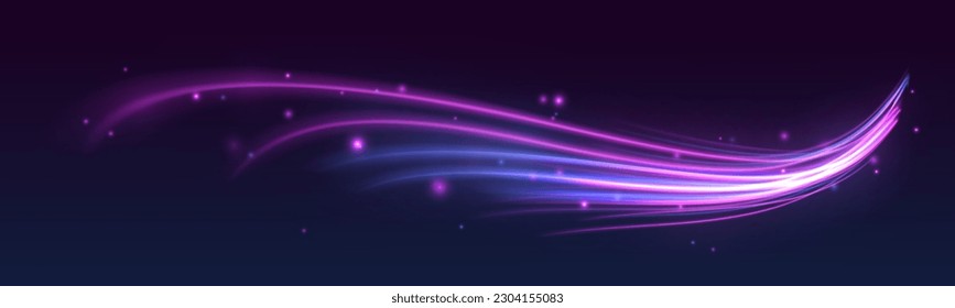 Senderos de la línea de luz de neón futurista. Resumen de la línea de luz ondulada azul con un fondo transparente, aislado y fácil de editar. Giro violeta de onda brillante, líneas de cable de impulso. Exposición a largo plazo. Vector