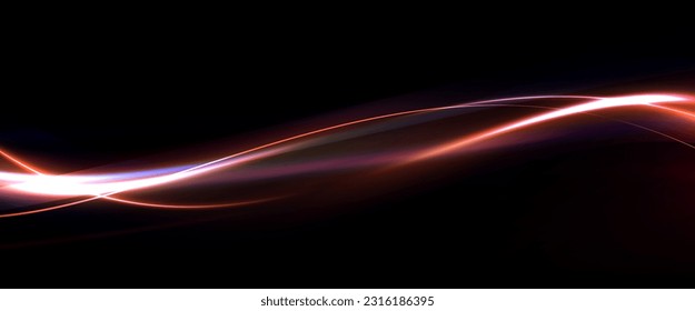 Senderos de la línea de luz de neón futurista. Luces nocturnas borrosas de movimiento de efecto de alta velocidad. Magia de movimiento rápido, rayos de luz horizontales. Resumen de líneas brillantes de color neón Fondo futurista. EPS10 vectores
